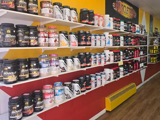 Mass gainer and whey display at Muscle Depot