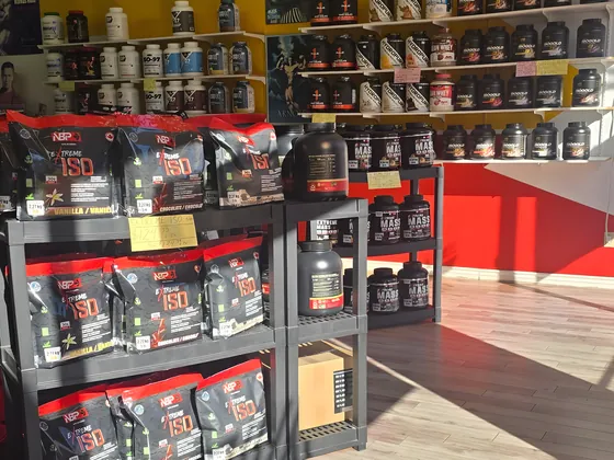 Protein and supplement aisle at Muscle Depot