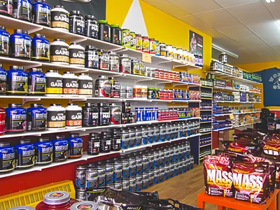 Supplement shelves at Muscle Depot